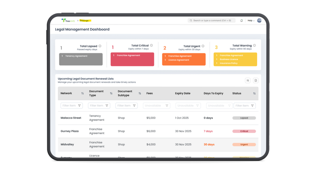 Legal document management dashboard